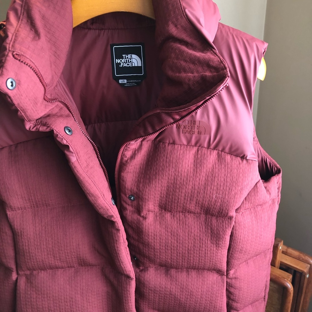 Down North Face rust vest with hood, womans size L